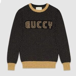 Gucci Black Patterned Gold Lurex Knit Guccy Sega Sweater Size XS New NWT